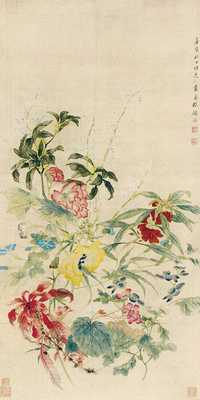 顾洛 庚寅（1830年）作 花卉 立轴